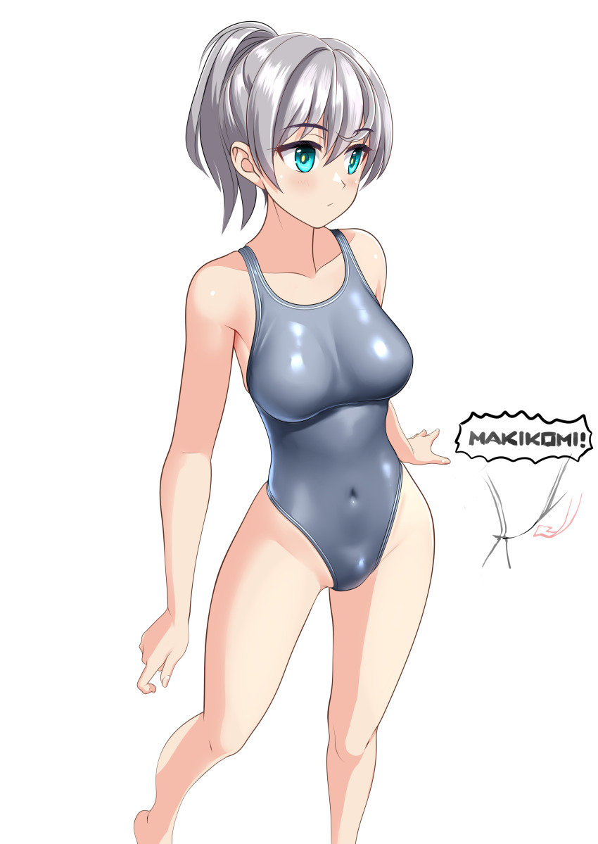 1girl absurdres aqua_eyes breasts commentary_request competition_swimsuit covered_navel feet_out_of_frame grey_hair grey_one-piece_swimsuit groin highleg highleg_one-piece_swimsuit highres long_hair looking_at_viewer looking_to_the_side medium_breasts one-piece_swimsuit original romaji_text simple_background solo standing swimsuit takafumi variant_set white_background