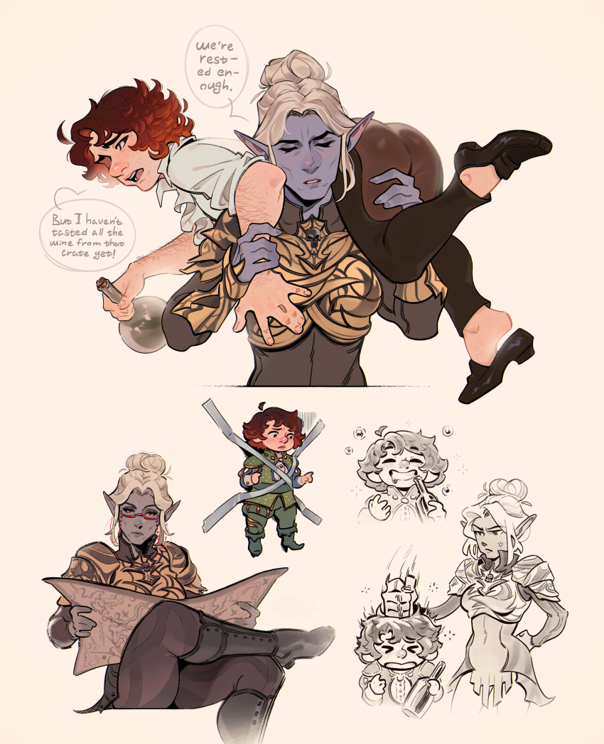 &gt;_&lt; 2girls :o absurdres arm_hair armor ass baldur&#039;s_gate baldur&#039;s_gate_3 bespectacled black_footwear blonde_hair bonk boots bottle breastplate brown_footwear brown_pants carrying carrying_over_shoulder carrying_person closed_eyes colored_skin commentary cropped_torso dark_elf dungeons_&amp;_dragons dungeons_&amp;_dragons elf english_commentary english_text glasses grey_skin hair_bun highres holding holding_bottle holding_map kid_taped_to_wall_(meme) knee_boots loafers map meme minthara multiple_girls multiple_views open_mouth pants pauldrons pointy_ears pooziqo-royal purple_skin red-framed_eyewear red_hair semi-rimless_eyewear shirt shoes short_hair shoulder_armor simple_background single_hair_bun sitting speech_bubble tav_(baldur&#039;s_gate) under-rim_eyewear vambraces white_background white_shirt
