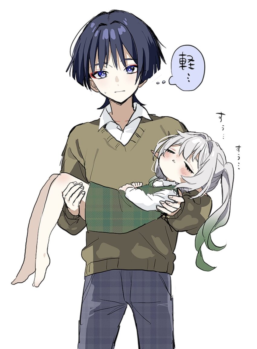1boy 1girl alternate_costume barefoot blouse blunt_ends blush bright_pupils brown_sleeves brown_sweater carrying casual closed_eyes closed_mouth collarbone collared_shirt contemporary dress eyelashes eyeliner eyeshadow facing_up fingernails genshin_impact gradient_hair green_dress green_hair grey_pants hair_intakes hand_on_another&#039;s_shoulder hand_on_another&#039;s_thigh highres hirarinoie long_hair long_sleeves looking_at_viewer makeup multicolored_hair nahida_(genshin_impact) pants parted_lips plaid_clothes plaid_dress plaid_pants princess_carry purple_eyes red_eyeliner red_eyeshadow ribbed_sweater scaramouche_(genshin_impact) shirt side_ponytail sidelocks sketch sleeping sweatdrop sweater triangle_mouth tsurime white_background white_hair white_mouth white_pupils white_shirt white_sleeves white_undershirt wispy_bangs