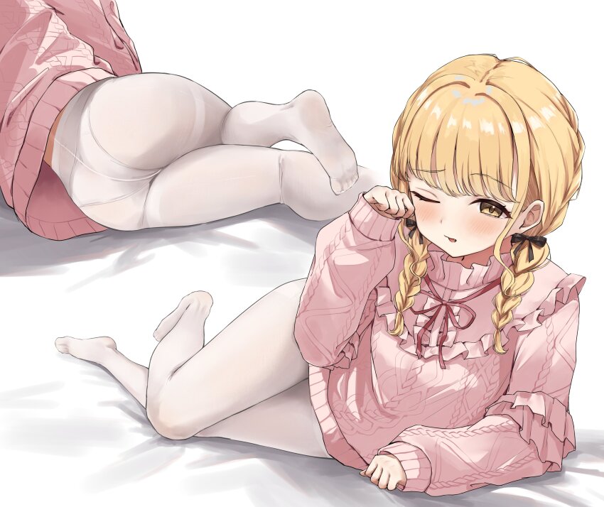 1girl ;o absurdres ass bed_sheet blonde_hair blush braid center_frills commentary crotch_seam feet frilled_sweater frills fujita_kotone gakuen_idolmaster highres idolmaster legs long_hair long_sleeves looking_at_viewer lying minazuki_(uraha246) multiple_views neck_ribbon no_pants no_shoes on_side one_eye_closed panties panties_under_pantyhose pantyhose pink_sweater red_ribbon ribbon soles sweater toes twin_braids underwear white_panties white_pantyhose yellow_eyes
