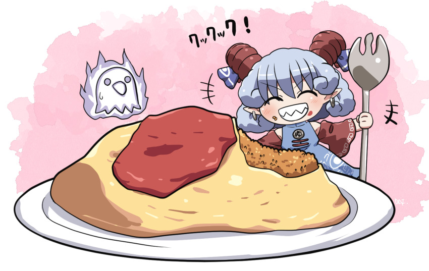 +++ 1girl :d ^_^ bare_shoulders blue_dress blue_hair blue_ribbon blush chibi chibi_only closed_eyes commentary_request crumbs curly_hair detached_sleeves dress eagle_spirit_(touhou) facing_viewer food holding holding_spork horn_ornament horn_ribbon horns meandros omelet omurice open_mouth plate red_horns red_sleeves ribbon rokugou_daisuke sheep_horns short_hair signature sleeveless sleeveless_dress smile spork standing touhou toutetsu_yuuma v-shaped_eyebrows