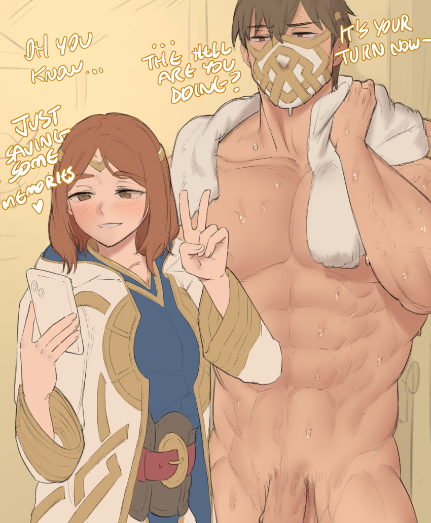 1boy 1girl abs belt blush ebinku eikthyrnir_(fire_emblem) female_kiran_(fire_emblem) fire_emblem fire_emblem_heroes highres kiran_(fire_emblem) mask nintendo penis phone recording sweat tagme towel towel_around_neck v