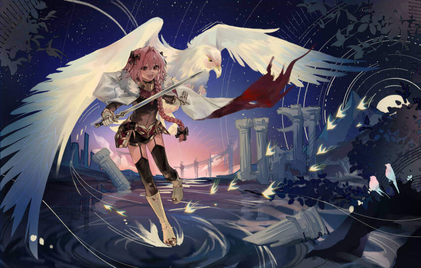 1boy astolfo_(fate) bird black_bow black_garter_straps black_thighhighs bow braid cape eagle fate/apocrypha fate_(series) garter_straps gauntlets gorget hair_bow hair_intakes holding holding_sword holding_weapon horn_(instrument) jewelry leg_up long_braid long_hair male_focus multicolored_hair multiple_hair_bows open_mouth pink_eyes pink_hair shinohararei0 single_braid smile solo stone_pillar streaked_hair sword thighhighs thighlet torn_cape torn_clothes trap two-sided_cape two-sided_fabric weapon white_bird wind