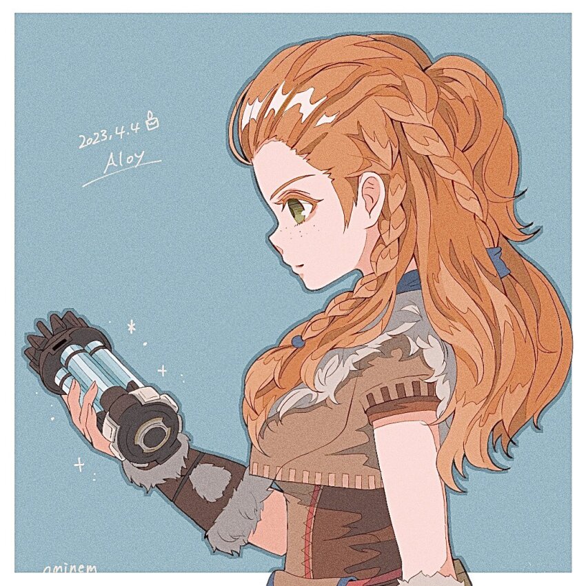 1girl 2023 aloy_(horizon) artist_name braid character_name commentary explosive freckles genshin_impact green_eyes grenade happy_birthday holding holding_grenade horizon_(video_game) horizon_zero_dawn long_hair looking_at_object ominemmist orange_hair parted_lips simple_background solo upper_body