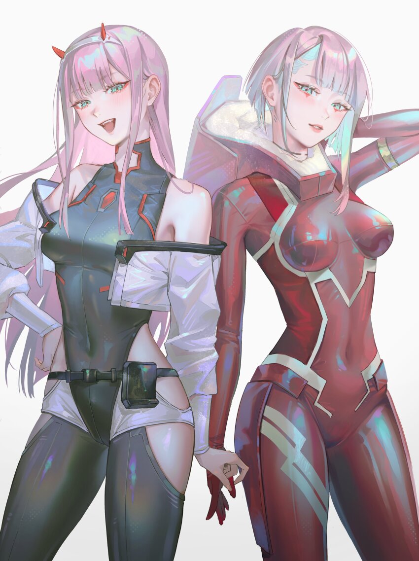 2girls :d absurdres asymmetrical_hair belt black_belt black_leotard bodysuit breasts cosplay costume_switch cowboy_shot cropped_jacket cyberpunk_(series) cyberpunk_edgerunners darling_in_the_franxx green_eyes hairband hand_on_own_hip highres hip_vent horns leotard long_hair lucy_(cyberpunk) lucy_(cyberpunk)_(cosplay) medium_breasts multiple_girls open_mouth parted_lips pink_hair red_bodysuit red_horns short_hair simple_background skin_tight smile tamaki_(tamaki599) very_long_hair white_background white_hair white_hairband zero_two_(darling_in_the_franxx) zero_two_(darling_in_the_franxx)_(cosplay)