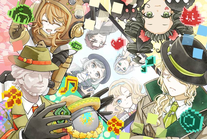 3boys 5girls 6_(reverse:1999) 6_(time_and_location)_(reverse:1999) :3 ;/ ^_^ against_glass animal_ears animal_hands ascot beamed_eighth_notes black_coat black_gloves black_hair black_hat black_jacket blonde_hair blue_eyes blue_hairband bob_cut brown_coat brown_hair brown_hat cat_ears cat_paws closed_eyes closed_mouth coat collared_shirt diving_helmet drill_hair facial_mark fake_animal_ears fang fedora flower flower_wreath gloves green_coat green_eyes green_hat green_necktie grey_hair grey_jacket hair_bun hairband hand_up hands_on_own_head hat heart heart_facial_mark helmet highres j_(reverse:1999) jacket jetpack kanjira looking_at_viewer low_ponytail mannequin mercuria_(reverse:1999) multiple_boys multiple_girls musical_note necktie no_eyes official_alternate_costume one_side_up onikura_minori_(artist) open_mouth paint_on_clothes paint_splatter paw_gloves pioneer_(reverse:1999) pixel_art_inset pixels ponytail red_flower red_necktie reverse:1999 satellite shirt short_hair single_side_bun smile spathodea_(reverse:1999) sputnik sputnik_(reverse:1999) teeth trench_coat triangle_mouth twin_drills upper_body upper_teeth_only upside-down vertin_(reverse:1999) white_ascot white_shirt yellow_flower