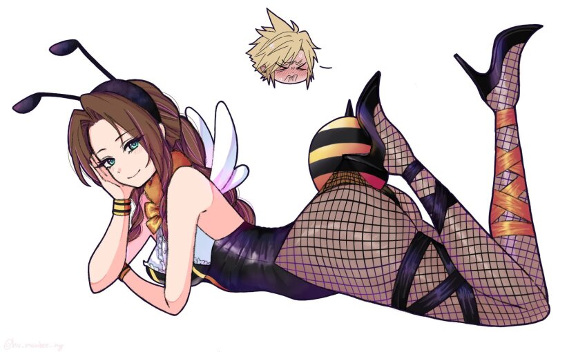 1girl aerith_gainsborough arthropod_girl ass bee_girl black_leotard blue_eyes brown_hair cloud_strife final_fantasy final_fantasy_vii final_fantasy_vii_remake fishnet_pantyhose fishnets from_side high_heels highleg highleg_leotard highres hu_manbee_ing insect_girl lace_pantyhose_hooked_on_heel_(meme) leotard lying meme on_stomach pantyhose smile white_background wings