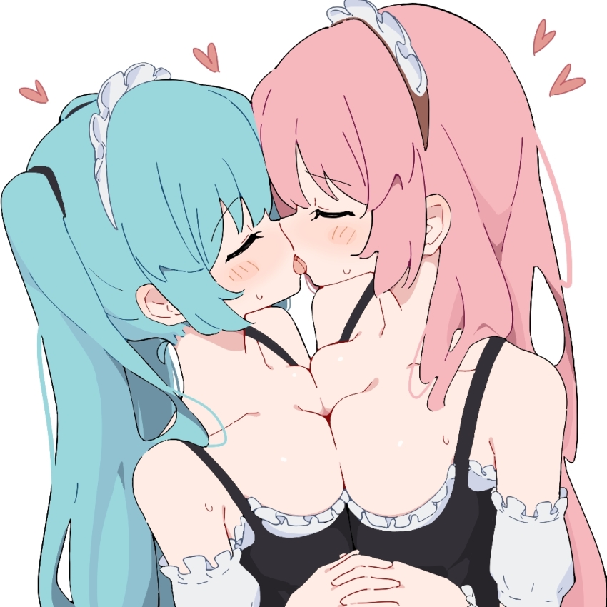 2girls bare_shoulders blue_hair blush breast_press breasts cleavage closed_eyes commentary_request french_kiss giryu hatsune_miku heart kiss large_breasts maid_headdress megurine_luka multiple_girls off-shoulder_shirt off_shoulder pink_hair shirt simple_background sweat symmetrical_docking tongue tongue_out vocaloid white_background white_headdress yuri