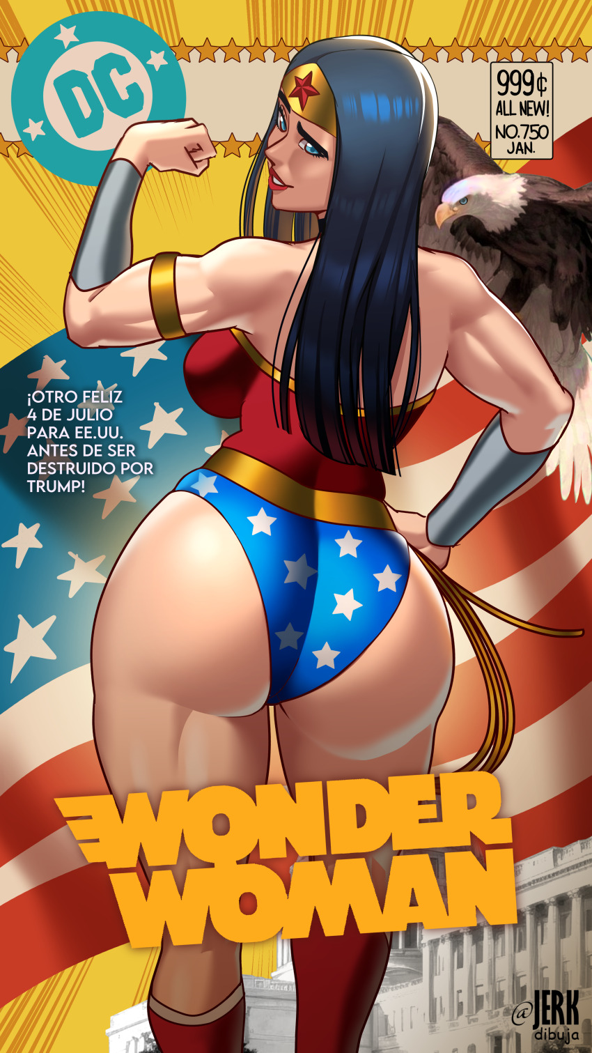 1girl absurdres american_flag apervertguy ass ass_focus back bare_shoulders bird black_hair blue_eyes bracer breasts choker circlet comic_cover corset curvy dc_comics eagle forehead_jewel fourth_of_july from_behind highres holding_lasso huge_ass jerkdibuja lasso lasso_of_truth leotard long_hair looking_at_viewer looking_back red_corset red_lips sideboob solo spandex spanish_text star_(symbol) superhero_costume tall thick_thighs thighs thong_leotard toned wonder_woman
