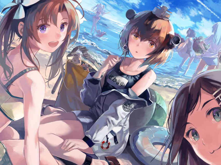 6+girls alternate_costume amatsukaze_(kancolle) ass bag beach bikini black_hair blue_eyes blue_hair breasts brown_eyes brown_hair green_eyes grey_hair groin hair_ornament hairpin hatsukaze_(kancolle) jacket kagerou_(kancolle) kantai_collection kuroshio_(kancolle) lifebuoy lifebuoy_ornament light_blue_hair long_hair looking_at_viewer mat_(seiga38529) multicolored_hair multiple_girls official_alternate_costume one-piece_swimsuit orange_hair pink_bikini school_swimsuit short_hair small_breasts swim_ring swimsuit tokitsukaze_(kancolle) twintails two-tone_hair white_jacket yukikaze_(kancolle) yukikaze_(swimsuit)_(kancolle)