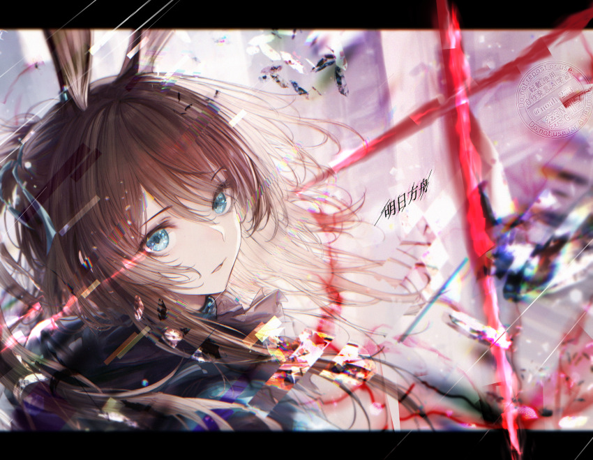 1girl absurdres amiya_(arknights) animal_ears arknights black_border blue_eyes border brown_hair copyright_name hair_between_eyes highres hood hooded_jacket infection_monitor_(arknights) jacket long_hair looking_at_viewer parted_lips rabbit_ears renoahh sidelocks solo watermark