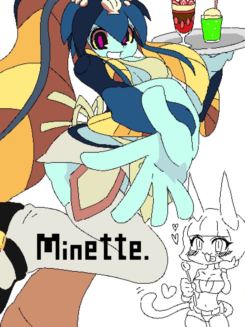 2girls :3 adapted_costume aliasing apron blue_skirt blush cat_girl character_name erixoh_n fins fish_girl food grin hand_on_own_cheek hand_on_own_face head_fins highres ice_cream ice_cream_float looking_at_viewer mary_janes minette_(skullgirls) ms._fortune_(skullgirls) multiple_girls outstretched_arm parfait pink_pupils ponytail shell_hair_ornament shoes skirt skullgirls smile solo_focus spoon strapless thighhighs tongue tongue_out tray tube_top