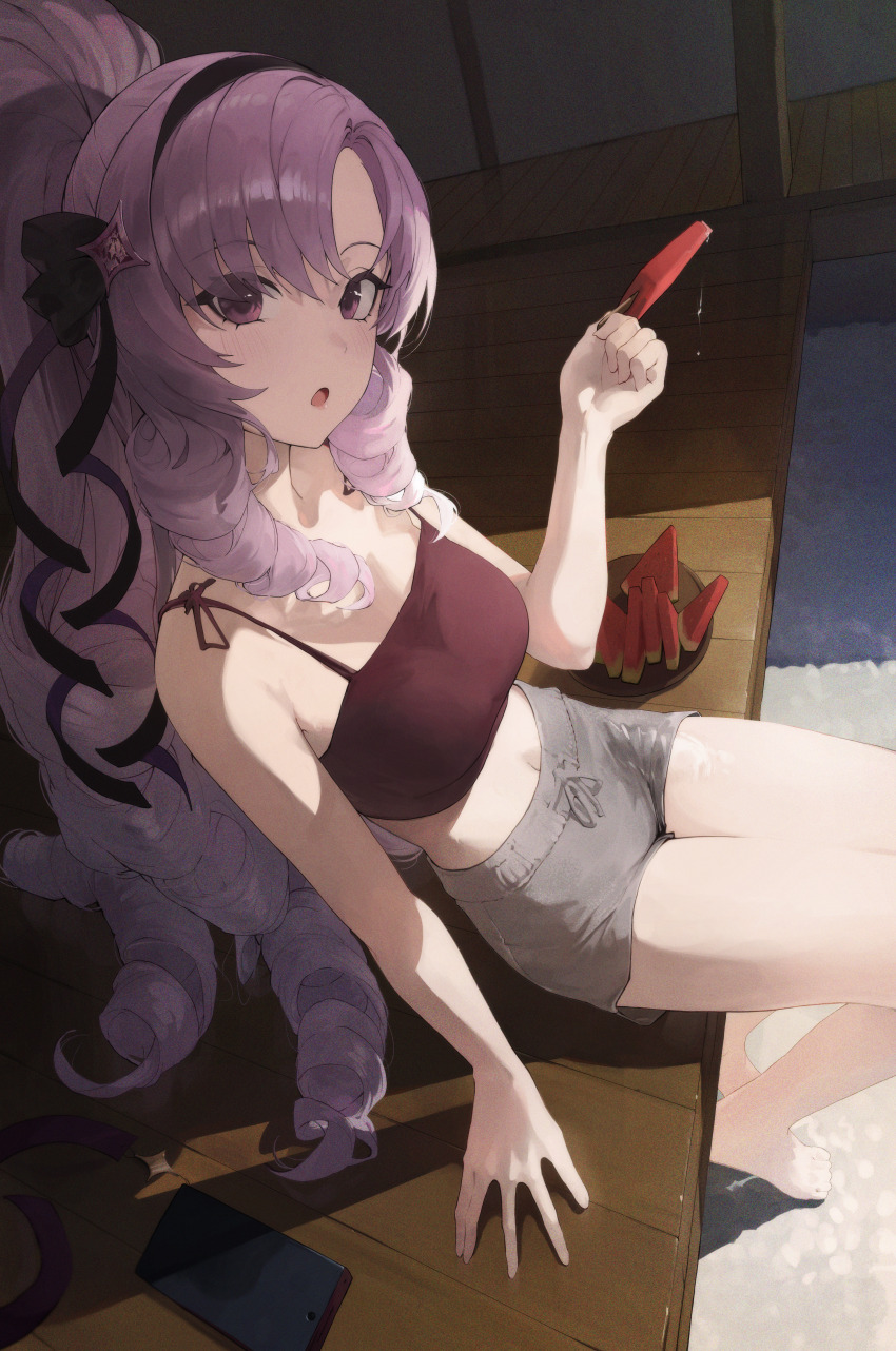 1girl :o absurdres bare_shoulders barefoot big_hair black_hairband black_ribbon bra breasts drill_hair food from_side fruit grey_shorts hair_ribbon hairband head_tilt highres hyakumantenbara_salome kiokoii light_purple_hair long_hair looking_at_viewer medium_breasts midriff navel nijisanji open_mouth parted_bangs plate ponytail porch purple_bra purple_eyes ribbon short_shorts shorts solo underwear very_long_hair virtual_youtuber watermelon watermelon_slice