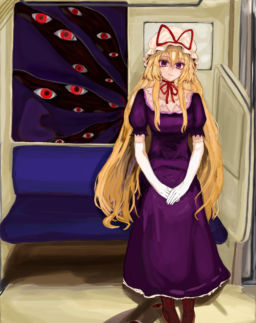 1girl 83mkneinlsqmebq absurdres blonde_hair choker dress elbow_gloves frills gap_(touhou) gloves hair_between_eyes hat highres long_hair looking_at_viewer mob_cap own_hands_together purple_dress purple_eyes ribbon_choker short_sleeves sitting smile solo touhou train_interior very_long_hair white_gloves yakumo_yukari