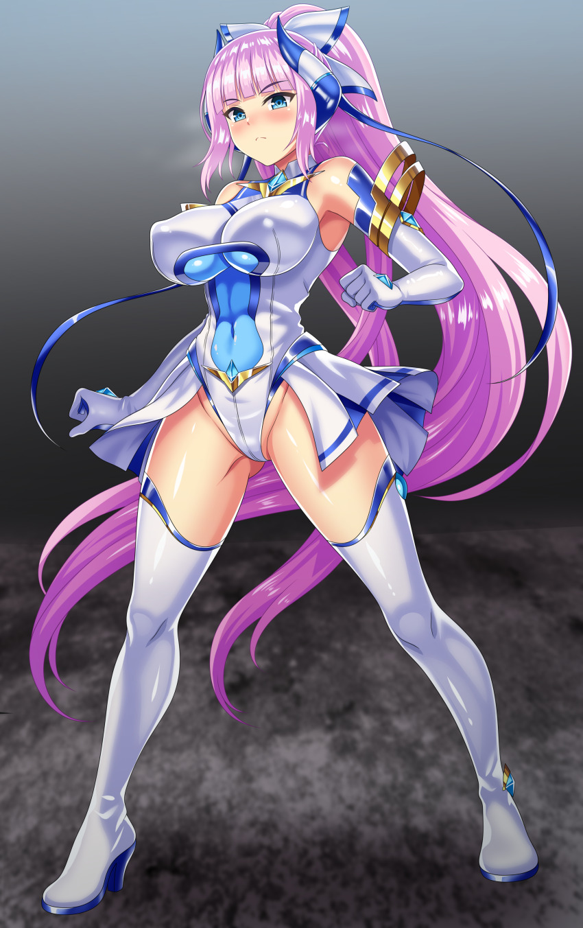 1girl absurdres blue_eyes blue_ribbon blush boots bow breasts closed_mouth elbow_gloves element_venus full_body gloves grey_background groin hair_bow highres horns impossible_clothes impossible_leotard kisaragi_nozomi large_breasts legs_apart leotard long_hair looking_at_viewer magical_girl ponytail purple_hair ribbon shinsou_seiki_elementia shiny_clothes shiny_skin simple_background sirano skin_tight skirt solo standing thigh_boots very_long_hair white_boots white_bow white_gloves white_leotard white_skirt