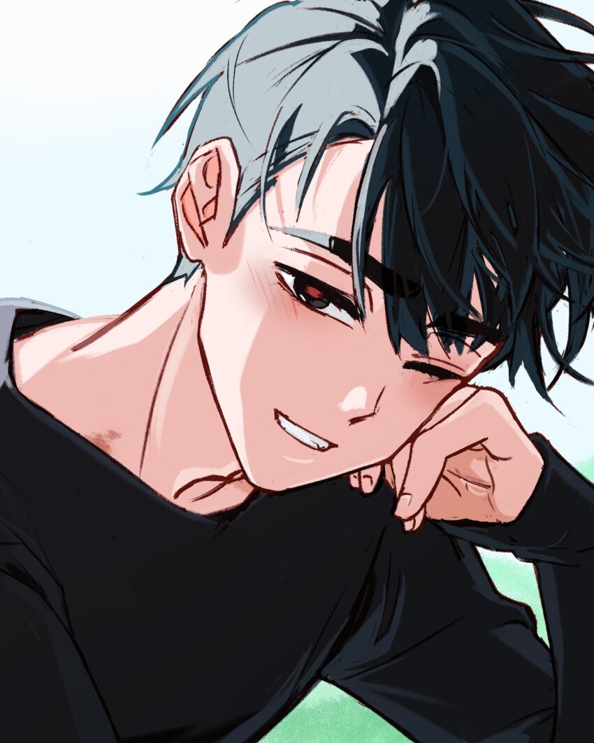 1boy alien_stage black_eyes black_hair black_shirt commentary english_commentary head_on_hand highres ivan_(alien_stage) kuradrawings long_sleeves male_focus one_eye_closed portrait red_pupils shirt short_hair smile solo very_short_hair