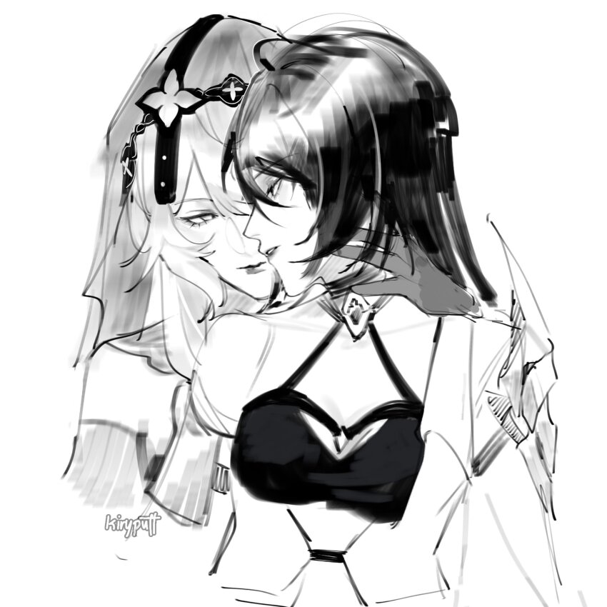 2girls acheron_(honkai:_star_rail) artist_name bare_shoulders black_choker black_gloves black_swan_(honkai:_star_rail) breasts choker cleavage dress gloves hair_over_one_eye hair_spread_out highres holding honkai:_star_rail honkai_(series) kirypuff large_breasts long_hair multicolored_hair multiple_girls purple_dress purple_gloves purple_hair purple_sleeves purple_veil single_wide_sleeve smile streaked_hair upper_body veil very_long_hair yuri