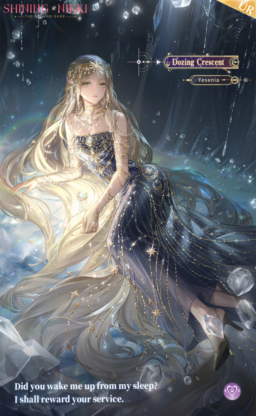 1girl absurdly_long_hair artist_request bare_shoulders black_dress blonde_hair bracelet chain character_name chest_jewel circlet collarbone commentary copyright_name crystal dozing_crescent_(shining_nikki) dress english_commentary english_text expressionless eyelashes foot_out_of_frame gem gold_armlet gold_bracelet gold_chain gold_circlet gold_necklace gown green_eyes grey_shoes hair_ornament hair_spread_out high_heels highres jewelry light_particles lipstick logo long_dress long_hair looking_at_viewer lying makeup multiple_bracelets necklace night nikki_(series) official_art on_side outdoors parted_lips rain red_lips shining_nikki shoes solo star_(symbol) star_hair_ornament strapless strapless_dress teeth very_long_hair wavy_hair white_gemstone yesenia_(shining_nikki)