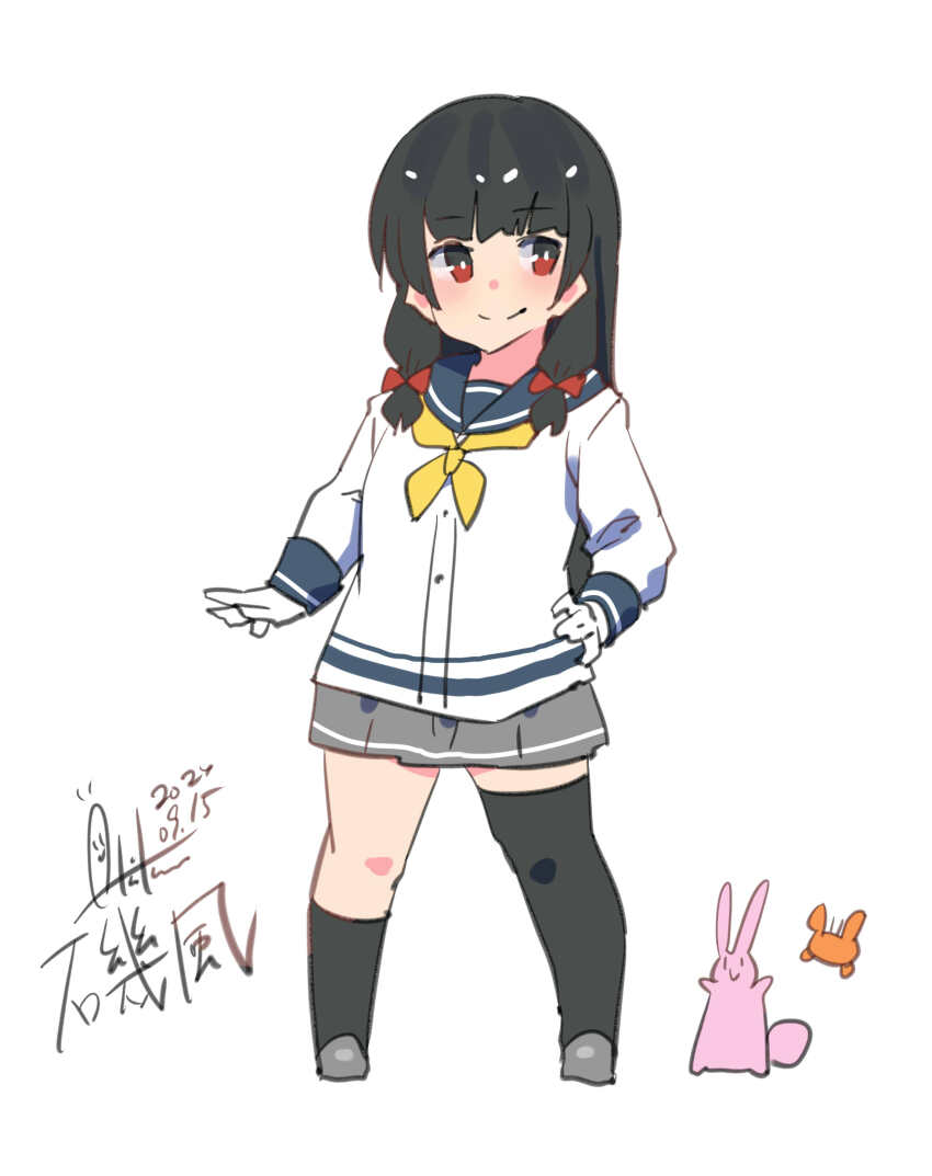 1girl absurdres asymmetrical_legwear black_hair black_socks black_thighhighs blue_sailor_collar blush character_name closed_mouth crab dated gloves grey_footwear grey_skirt hair_ribbon highres inica isokaze_(kancolle) kantai_collection long_hair long_sleeves neckerchief one-hour_drawing_challenge pleated_skirt rabbit red_eyes red_ribbon ribbon sailor_collar school_uniform serafuku shirt signature single_sock single_thighhigh skirt smile socks thighhighs tress_ribbon white_background white_gloves white_shirt yellow_neckerchief