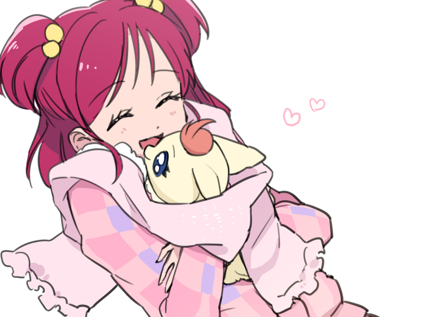 :d blue_eyes buntatta closed_eyes coco_(yes!_precure_5) heart light_blush open_mouth pink_hair precure scarf shared_clothes shared_scarf smile sweater two_side_up white_background winter_clothes yes!_precure_5 yumehara_nozomi