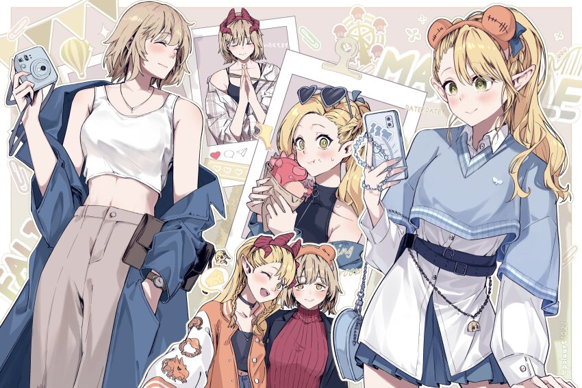2girls absurdres bag belt blonde_hair blue_coat blue_skirt brown_pants camera cellphone character_doll cheese closed_eyes coat crop_top dragon_horns dungeon_meshi falin_touden falin_touden_(tallman) food frog_headband green_eyes handbag headband highres horns long_hair marcille_donato multiple_girls pants phone pola_(1021) polaroid_photo red_sweater ribbed_sweater satchel short_hair skirt smartphone speech_bubble sweater walking_mushroom_(dungeon_meshi) watch wristwatch yellow_eyes yuri
