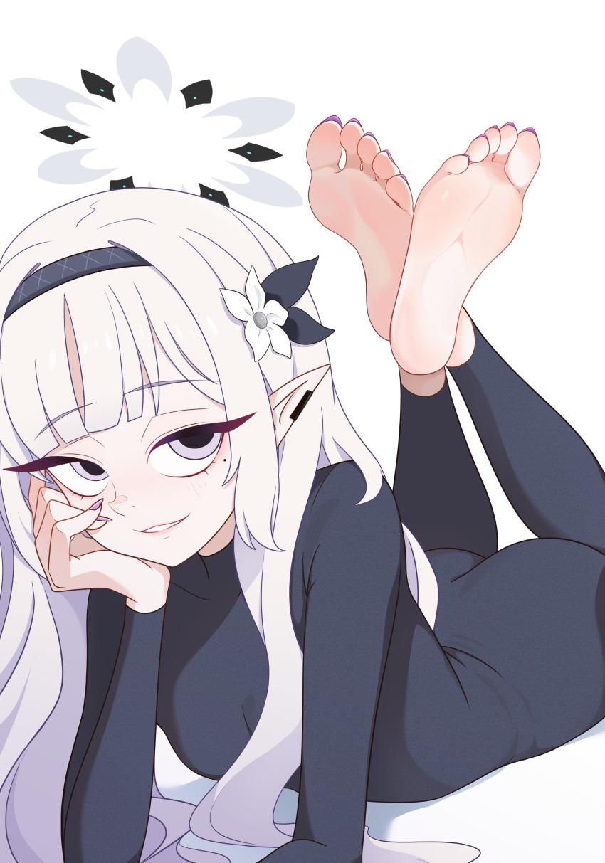 1girl absurdres ass barefoot black_bodysuit black_halo blue_archive bodysuit creammilk_tea elf eyelashes feet foot_focus grey_halo grin halo highres himari_(blue_archive) long_hair lying mole mole_under_eye nail_polish on_stomach pointy_ears purple_eyes simple_background smile soles solo the_pose toenail_polish toenails toes white_background white_hair