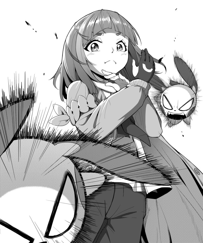 &gt;:( 1girl absurdres arched_bangs closed_mouth coat frown gen_3_pokemon gloves greyscale highres kokoniau lacey_(pokemon) long_hair looking_at_viewer minun monochrome motion_lines necktie nintendo open_clothes open_coat pants partially_fingerless_gloves plusle pokemon pokemon_(creature) pokemon_sv shirt single_glove solo standing v-shaped_eyebrows white_background white_shirt x_arms