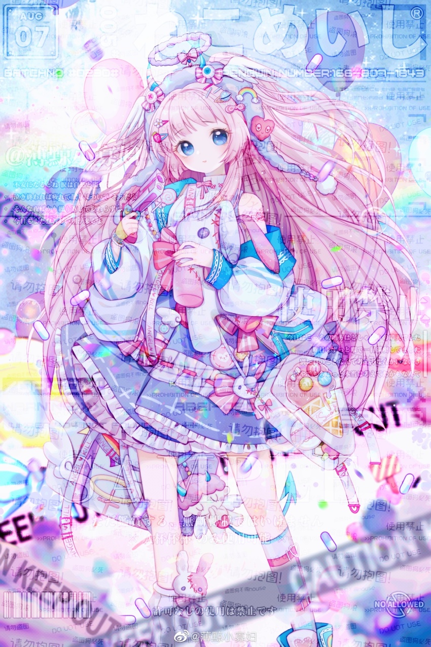 1girl absurdres asymmetrical_legwear bag bag_charm balloon beanie blue_bag blue_boots blue_eyes blue_horns blue_skirt blue_sky blue_tail blunt_bangs boots boqing_xiao_guafu bow bowtie caution_tape charm_(object) chinese_commentary cloud cloud_halo commentary_request commission cross-laced_clothes cross-laced_top day demon_girl demon_horns demon_tail earflap_beanie eyelashes feet_out_of_frame flower food food-themed_bag food-themed_hair_ornament frilled_skirt frills gun hair_flower hair_ornament hairclip halo handgun hat hat_bow hat_ornament heart heart_hat_ornament highres holding holding_gun holding_stuffed_toy holding_weapon horn_ornament horn_ribbon horns horns_through_headwear ice_cream ice_cream_cone jacket kneehighs light_blush long_hair miniskirt mismatched_legwear open_clothes open_jacket original parted_lips pill pink_bow pink_bowtie pink_hair pink_halo pink_ribbon planet_hair_ornament pleated_skirt pom_pom_(clothes) purple_hat rainbow rainbow_hat_ornament ribbon ribbon-trimmed_jacket ribbon-trimmed_skirt ribbon_trim sample_watermark shirt shoulder_bag single_bare_shoulder single_kneehigh single_sock skirt sky sleeveless sleeveless_shirt socks solo sparkle standing strawberry_hair_ornament striped_bow stuffed_animal stuffed_rabbit stuffed_toy tail too_many_watermarks transparent_bag turtleneck turtleneck_shirt two_side_up very_long_hair watermark weapon weibo_watermark white_flower white_jacket white_shirt white_socks