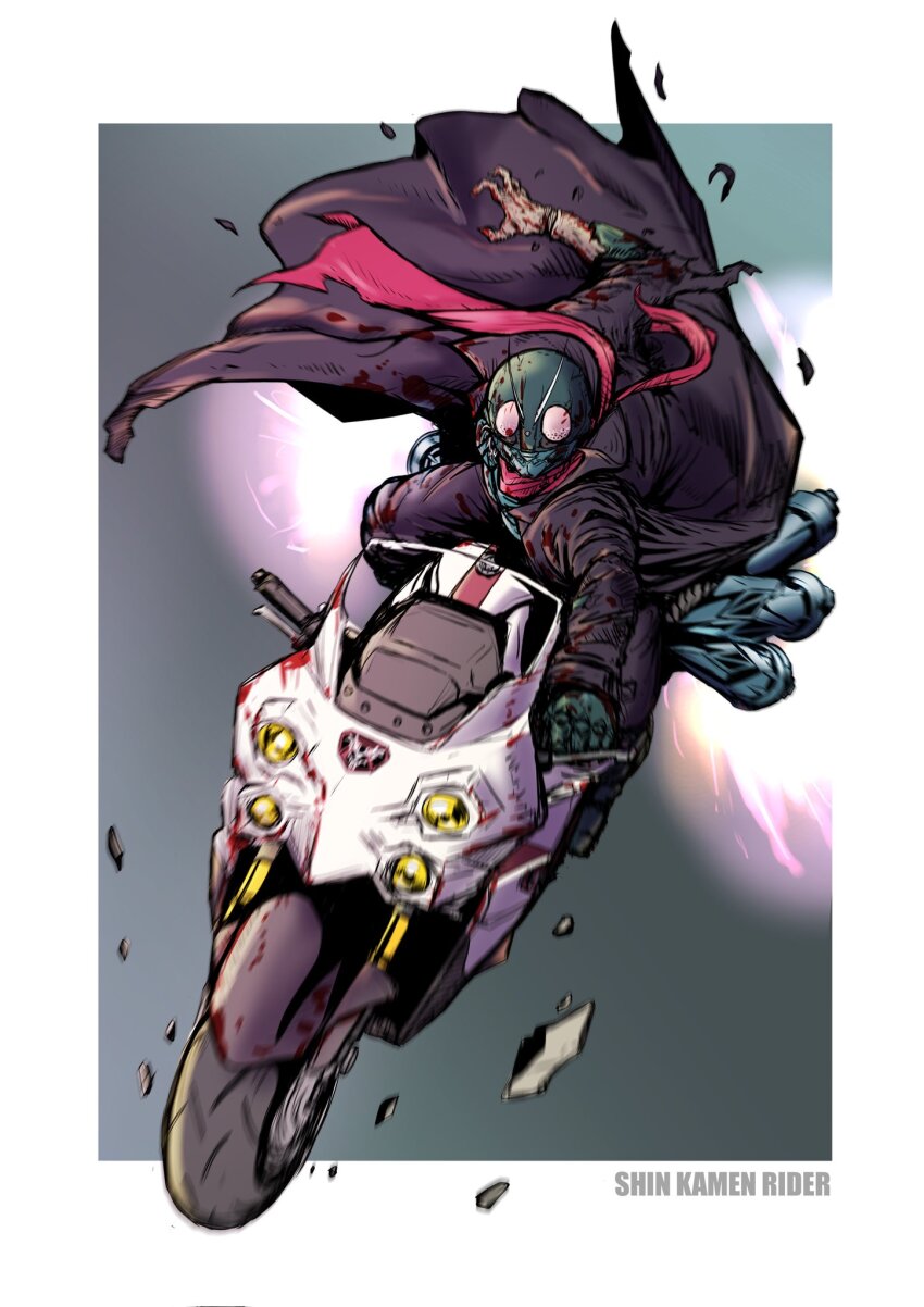 1boy armor black_coat blood blood_on_clothes border coat copyright_name full_body green_helmet helmet highres kamen_rider kamen_rider_1 kamen_rider_1_(shin) male_focus motor_vehicle motorcycle power_armor red_scarf riding scarf shin_kamen_rider solo torn_clothes torn_coat white_border zakkizaki