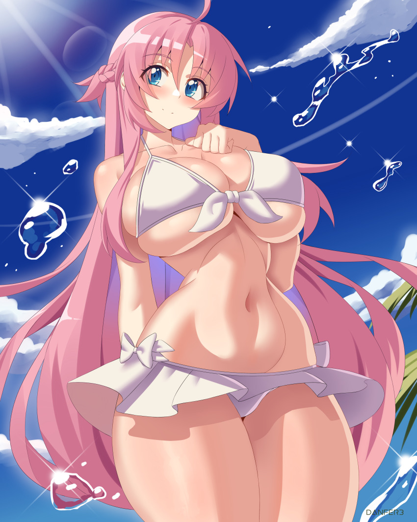1girl absurdres bare_shoulders bikini blue_eyes blue_sky blush breasts cleavage closed_mouth collarbone cowboy_shot danfer3 day frilled_bikini frills highres large_breasts long_hair megami-ryou_no_ryoubo-kun navel outdoors palm_tree pink_hair saotome_atena sky smile solo standing swimsuit tree undersized_breast_cup undersized_clothes water white_bikini