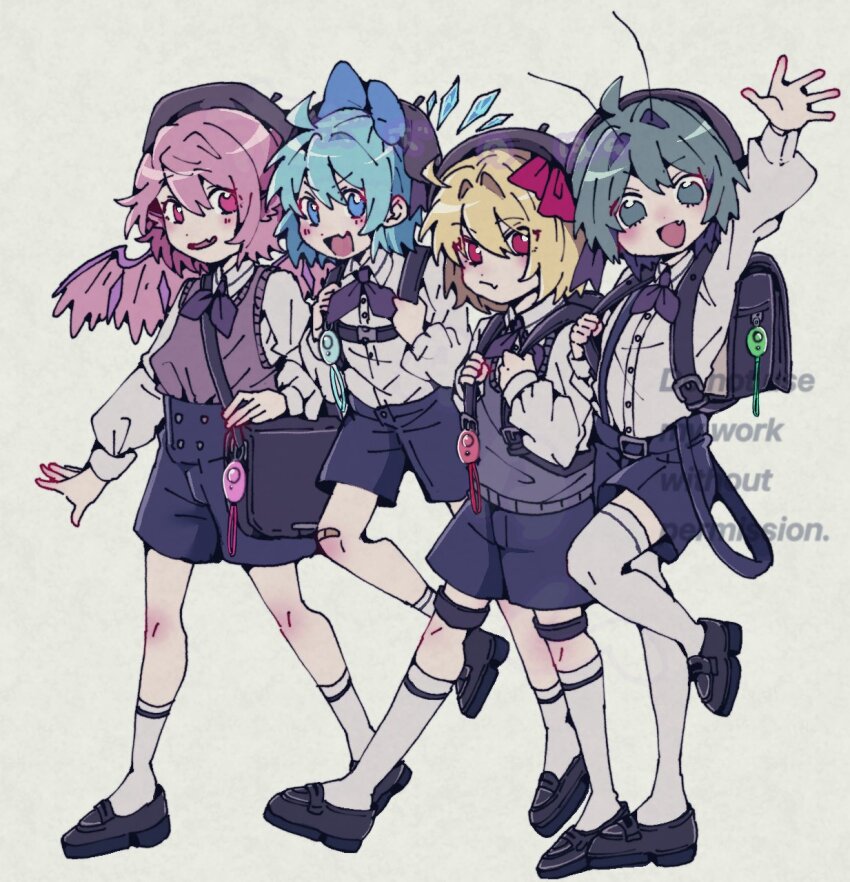 4girls alternate_costume antennae backpack bag black_bow black_bowtie black_footwear black_shorts blonde_hair blue_bow blue_eyes blue_hair blush bobotatamu bow bowtie buttons cardigan cirno collared_shirt commentary_request crime_prevention_buzzer feathered_wings full_body green_eyes green_hair grey_cardigan hair_bow highres ice ice_wings loafers long_sleeves looking_at_viewer multiple_girls mystia_lorelei open_mouth pink_eyes pink_hair pink_wings randoseru red_bow red_eyes rumia shirt shirt_tucked_in shoes short_hair shorts simple_background smile socks standing standing_on_one_leg team_9_(touhou) thighhighs touhou walking watermark waving white_shirt white_socks white_thighhighs wings wriggle_nightbug