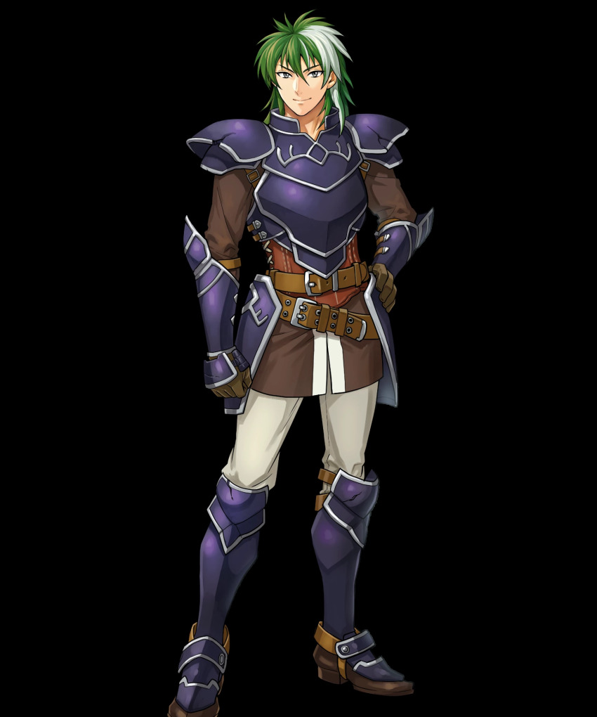 1boy armor belt boots fire_emblem fire_emblem:_the_blazing_blade fire_emblem_heroes full_body gloves green_eyes green_hair heath_(fire_emblem) highres long_hair male_focus multicolored_hair nintendo official_art solo transparent_background two-tone_hair white_hair