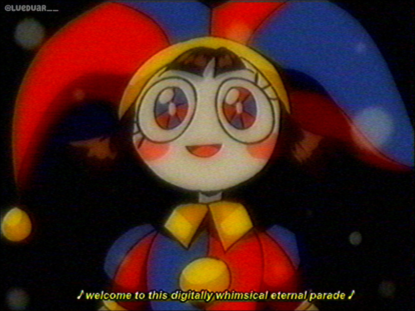 1990s_(style) 1girl blue_eyes blush_stickers brown_hair commentary english_commentary english_text hat jester jester_cap looking_at_viewer lueduar multicolored_eyes open_mouth pomni_(the_amazing_digital_circus) red_eyes retro_artstyle smile solo straight-on subtitled the_amazing_digital_circus twitter_username two-tone_eyes upper_body vhs_artifacts