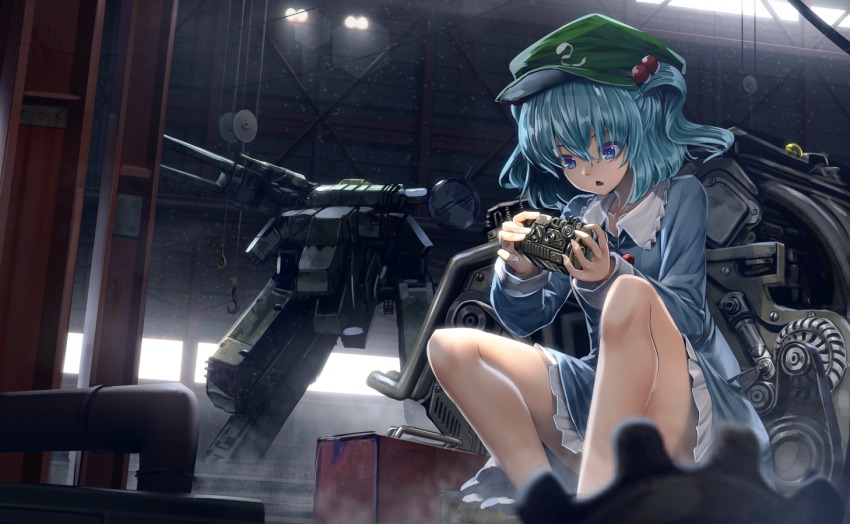 1girl bare_legs blue_dress blue_eyes blue_hair cannon crossover dress female_focus hair_bobbles hair_ornament hangar hat kawashiro_nitori long_sleeves magnetic_weapon md5_mismatch mecha metal_gear_(series) metal_gear_rex metal_gear_solid railgun resolution_mismatch robot ryosios sitting solo source_larger toolbox touhou two_side_up weapon window