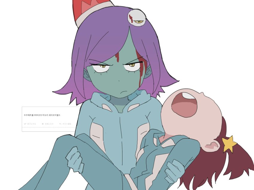 2girls alarm_siren blood_from_forehead blue_jumpsuit breasts brown_hair carrying closed_mouth colored_skin constricted_pupils doppelschwert eyeball_hair_ornament flipped_hair frown glaring green_skin hair_ornament head_back headgear highres hood hood_down hooded_jumpsuit jitome jumpsuit korean_text looking_at_viewer luluco medium_breasts medium_hair midori_(uchuu_patrol_luluco) multiple_girls one_side_up open_mouth princess_carry purple_hair request_inset round_teeth sanpaku simple_background star_(symbol) star_hair_ornament teeth uchuu_patrol_luluco unconscious upper_teeth_only white_background yellow_eyes