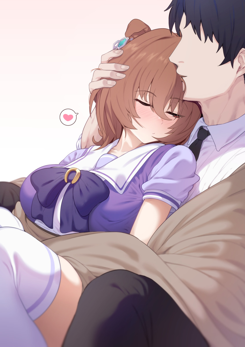 1boy 1girl absurdres agnes_tachyon_(umamusume) animal_ears black_hair black_necktie blush bow bowtie breasts brown_hair closed_mouth collared_shirt commentary ears_down faceless faceless_male feet_out_of_frame fingernails hahakigi hair_between_eyes hand_on_another&#039;s_head heart hetero highres horse_ears horse_girl horseshoe_ornament kissing_head large_breasts necktie nose_blush one_eye_closed purple_bow purple_bowtie purple_shirt red_eyes school_uniform shirt short_hair spoken_heart summer_uniform thighhighs tracen_school_uniform trainer_(umamusume) umamusume white_shirt white_thighhighs