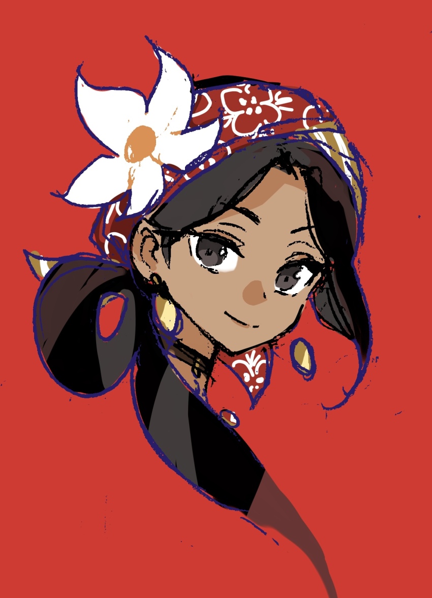 1girl brown_eyes brown_hair dark-skinned_female dark_skin flower funuyu hair_flower hair_ornament highres long_hair looking_at_viewer najma_viper portrait red_background simple_background smile solo twisted_wonderland white_flower