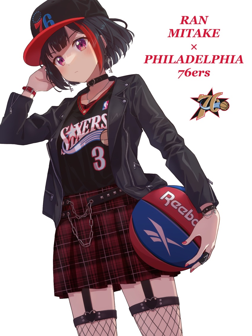 1girl allen_iverson allen_iverson_(cosplay) alternate_costume ball bang_dream! basketball basketball_(object) basketball_jersey belt black_belt black_garter_straps black_jacket black_shirt black_thighhighs bracelet chain collarbone cosplay english_text garter_straps head_tilt highres jacket jewelry leather leather_jacket logo mitake_ran national_basketball_association necklace philadelphia_76ers plaid_clothes plaid_skirt red_skirt reebok ring shirt short_hair skirt solo thighhighs white_background yazawa_happyaro