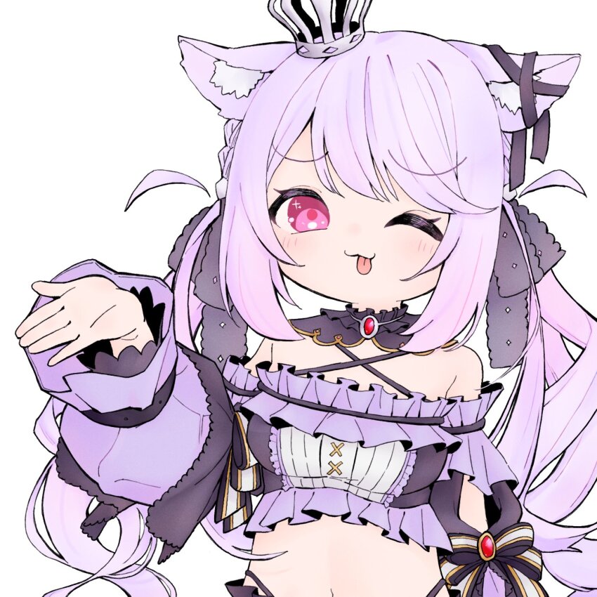 1girl :3 :p animal_ear_fluff animal_ears black_bow black_collar black_ribbon black_sleeves black_tube_top blush bow breasts cat_ears cat_girl closed_mouth collar commentary criss-cross_halter crown detached_collar detached_sleeves ear_ribbon emongo frilled_tube_top frills hair_bow halterneck highres ina_uruu long_hair looking_at_viewer low_twintails medium_breasts midriff mini_crown nanashi_inc. navel one_eye_closed pink_eyes pink_hair pink_sleeves ribbon simple_background smile solo strapless tongue tongue_out tube_top twintails two-tone_bow upper_body virtual_youtuber white_background white_bow