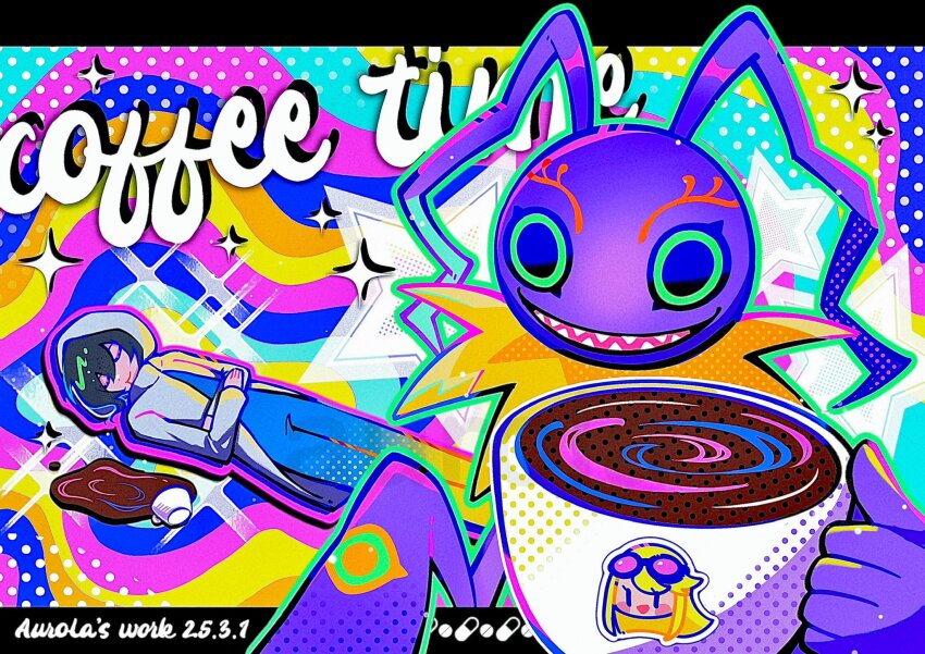 1boy aurola030 black_border black_hair border coat coffee_mug cup dated digimon digimon_(creature) digimon_story:_cyber_sleuth english_text green_eyes highres hood hood_up hooded_coat keramon kuremi_kyouko mug parted_lips sanada_arata sharp_teeth solo_focus teeth unconscious white_coat