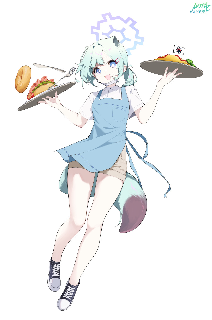 1girl :d absurdres animal_ears apron aqua_hair blue_apron blue_archive blue_eyes bright_pupils broccoli brown_shorts burger cherry_tomato commentary_request dated extra_ears fang flag food fork full_body hair_ornament hairclip halo highres holding holding_tray ketchup knife lettuce looking_at_viewer mask_pull medium_hair mona_kkkk omelet omurice open_mouth ponytail shigure_(blue_archive) shirt shoelaces shoes short_sleeves shorts signature simple_background sliced_meat smile sneakers solo tail tomato tray weasel_ears weasel_girl weasel_tail white_background white_shirt