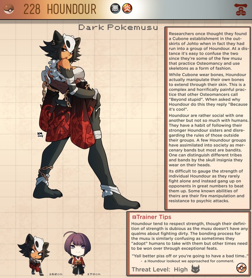 1boy 1girl animal_ears black_eyes black_fur black_hair chain character_name character_profile chest_sarashi colored_skin commentary dog_ears dog_girl dog_tail ear_piercing english_commentary gen_2_pokemon highres houndour kinkymation looking_back medium_hair monster_girl nintendo orange_skin personification piercing poke_ball pokemon sarashi signature tail