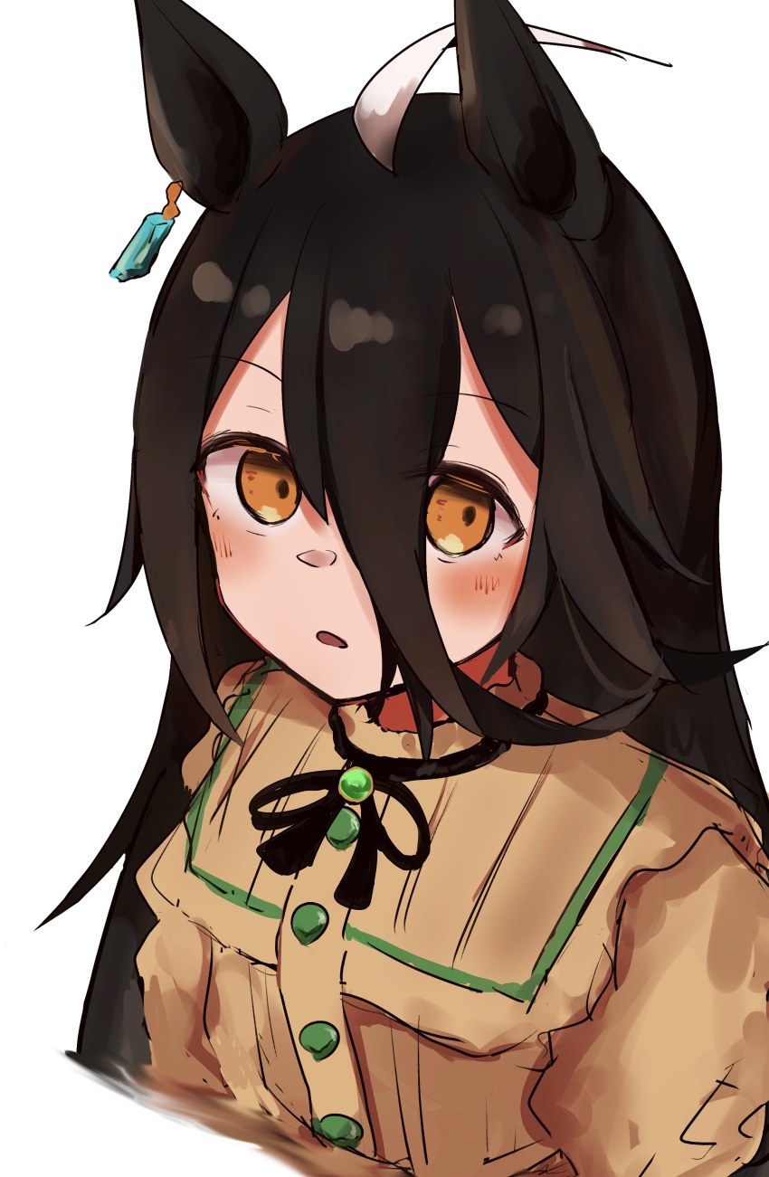 1girl absurdres ahoge black_hair black_ribbon blush buttons collared_shirt ear_tag earrings hair_between_eyes highres izi_dw jewelry long_bangs long_hair long_hair_between_eyes long_sleeves looking_at_viewer manhattan_cafe_(umamusume) multicolored_hair neck_ribbon parted_lips ribbon shirt simple_background single_earring solo umamusume very_long_hair white_background white_hair yellow_eyes yellow_shirt