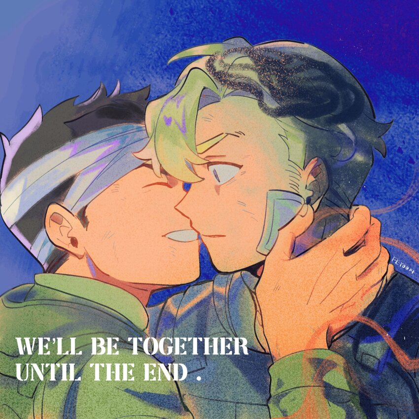 2boys ao_isami arm_up bandaged_head bandages black_hair blonde_hair blue_jacket closed_eyes closed_mouth commentary_request couple english_text feyoo14 gauze gauze_on_cheek green_jacket grin hand_on_another&#039;s_neck highres imminent_kiss jacket lewis_smith long_sleeves male_focus multiple_boys profile short_hair sideburns smile surprised teeth twitter_username upper_body wide-eyed yaoi yuuki_bakuhatsu_bang_bravern