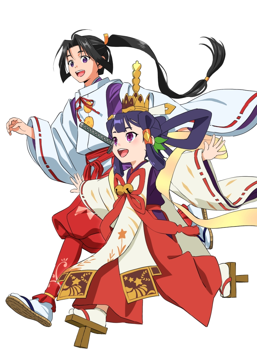 1boy 1girl absurdres anime_coloring crossover geta height_difference highres houjou_tokiyuki_(nige_jouzu_no_wakagimi) izumi_seguchi japanese_clothes nige_jouzu_no_wakagimi outstretched_arms sakuna-hime sandals season_connection simple_background sword_hilt tensui_no_sakuna-hime trait_connection white_background