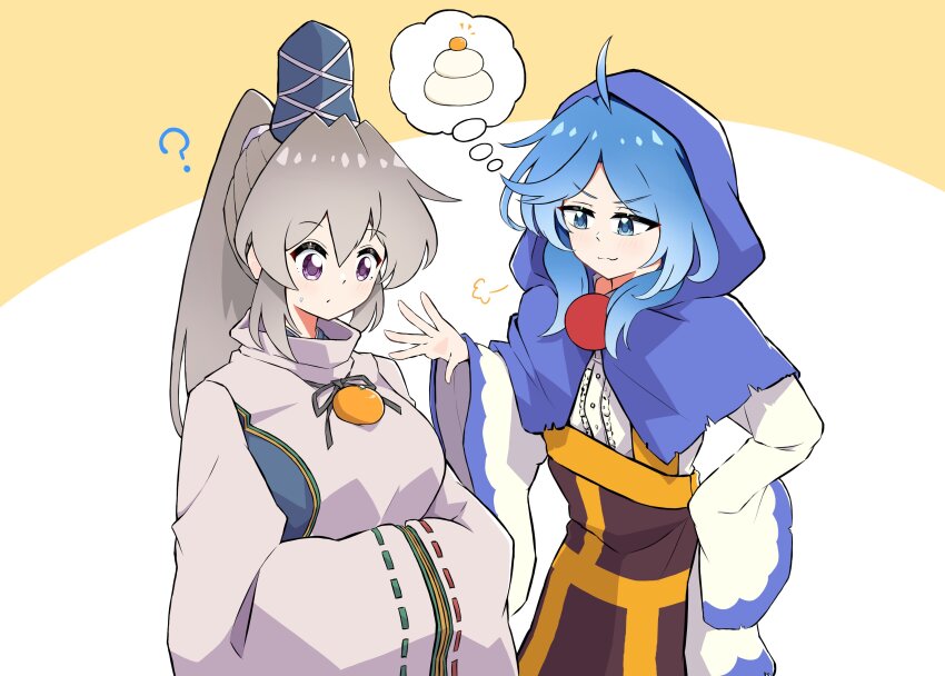 2girls ? absurdres ahoge blue_eyes blue_hair blue_headwear breasts commentary grey_hair gurajio hands_in_opposite_sleeves hat highres hood kagami_mochi kumoi_ichirin large_breasts long_hair long_sleeves medium_hair mononobe_no_futo multiple_girls ponytail puff_of_air purple_eyes ribbon-trimmed_sleeves ribbon_trim speech_bubble symbol-only_commentary tate_eboshi thought_bubble touhou wide_sleeves