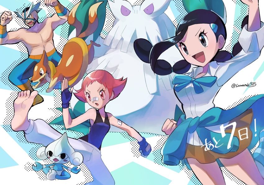 1boy 2girls :d abomasnow bandaid bandaid_on_arm bandaid_on_face bandaid_on_nose barefoot black_hair blue_gloves blue_legwear boots brown_skirt candice_(pokemon) clenched_hand clothes_around_waist commentary_request crasher_wake fingerless_gloves floating_hair floatzel gen_3_pokemon gen_4_pokemon gloves hair_ornament hairclip hands_up highres leggings long_hair mask maylene_(pokemon) meditite miniskirt multi-tied_hair multiple_girls muscular muscular_male nintendo open_mouth orange_boots pink_eyes pink_hair pokemon pokemon_(creature) pokemon_dppt sawarabi_(sawarabi725) shirt short_hair skirt smile soles sweater sweater_around_waist teeth toes tongue topless_male twintails twitter_username white_shirt wristband