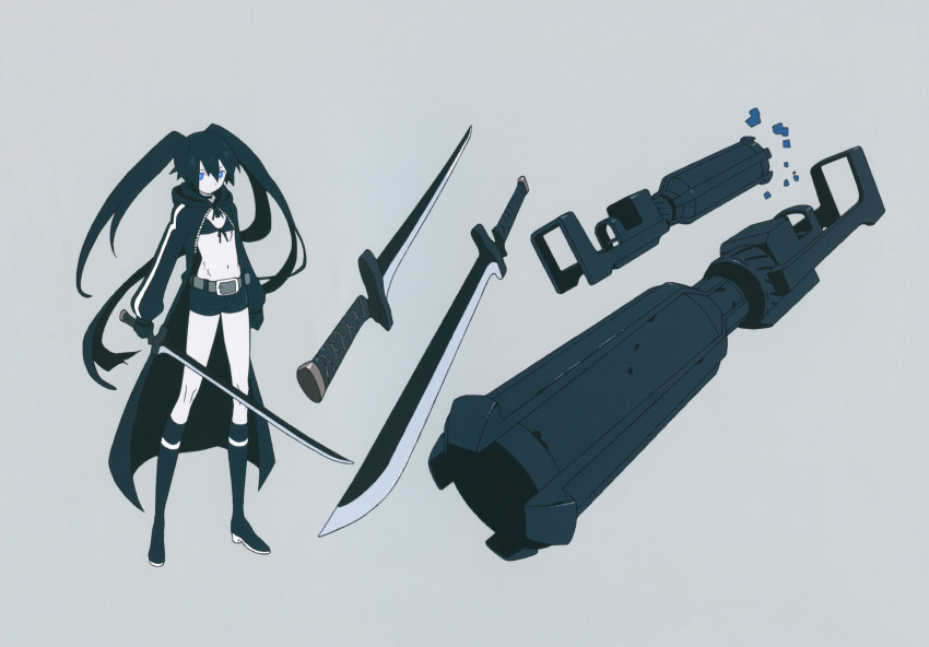 1girl absurdres belt bikini black_coat black_gloves black_hair black_rock_shooter black_rock_shooter_(character) black_shorts blue_eyes boots coat concept_art front-tie_bikini_top front-tie_top gloves highres matsuo_yuusuke official_art pale_skin production_art rock_cannon scar shorts swimsuit sword twintails uneven_twintails weapon