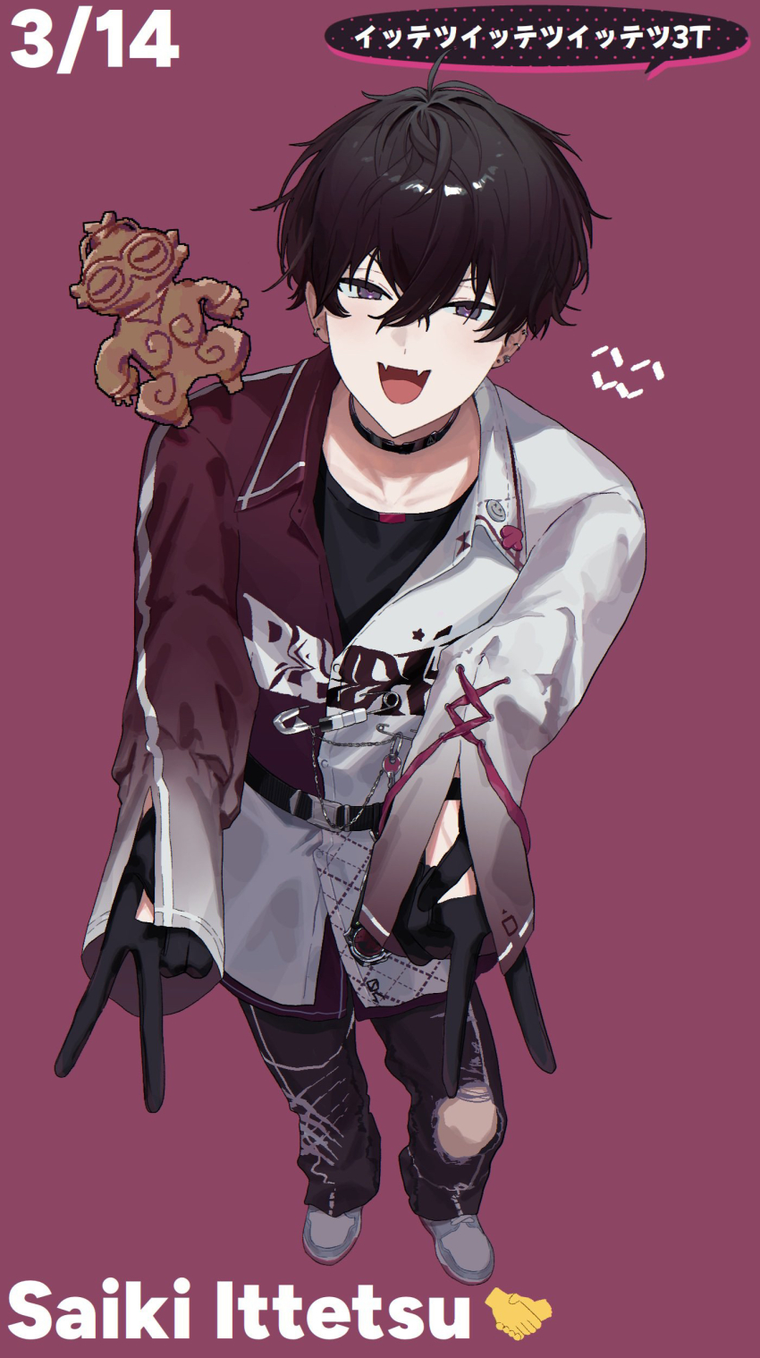 1boy absurdres black_hair black_pants black_shirt character_name coat commentary_request dated double_gyaru_v gyaru_v highres looking_at_viewer looking_up male_focus multicolored_coat nagikiho nijisanji open_mouth pants purple_coat purple_eyes saiki_ittetsu saiki_ittetsu_(1st_costume) shirt solo speech_bubble torn_clothes torn_pants two-tone_coat v virtual_youtuber white_coat