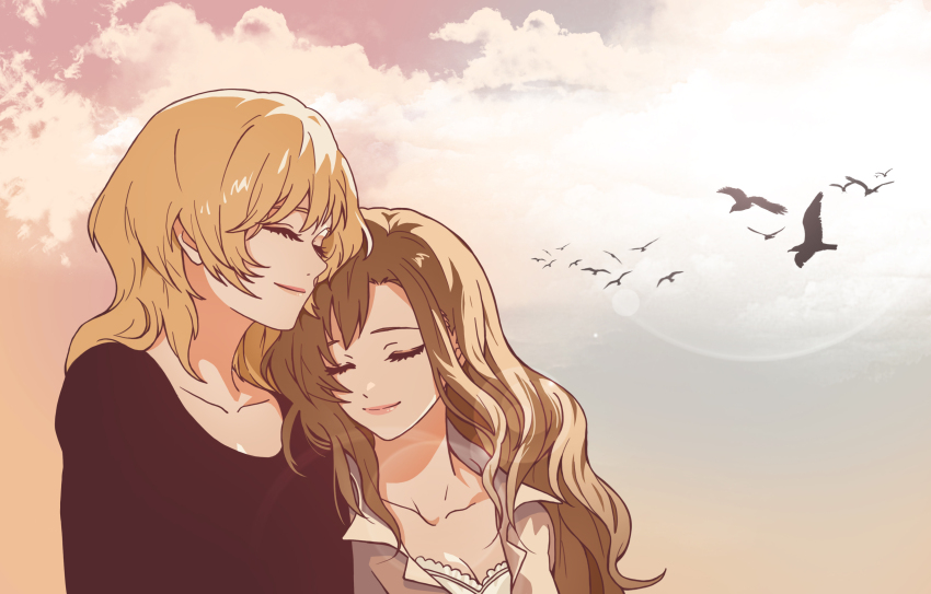 2girls absurdres bird blonde_hair breasts brown_hair cleavage cloud cloudy_sky collarbone couple dawn happy head_on_another&#039;s_shoulder highres long_hair maria-sama_ga_miteru medium_hair multiple_girls oorum satou_sei sky smile toudou_shimako upper_body wavy_hair wolf_cut yuri